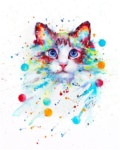 Cat Paintig By Liviing Watercolor Cat Cat Painting Colorful Art