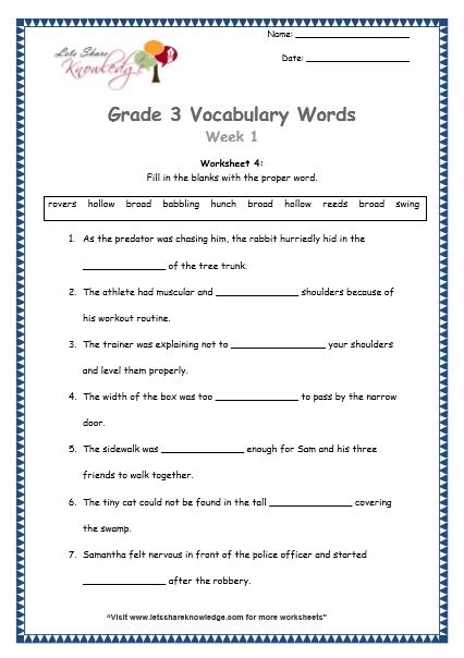 Grade 3 Vocabulary Worksheets Week 1 Lets Share Knowledge