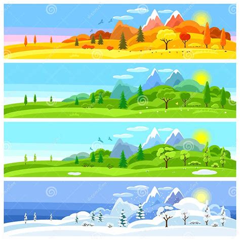 Four Seasons Landscape Banners With Trees Mountains And Hills In