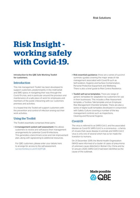 Covid 19 Risk Management Toolkit Qbe European Operations