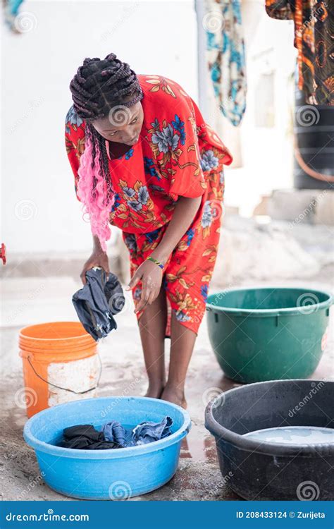 African Woman Hand Washing A Laundry Outdoors Stock Photo Image Of