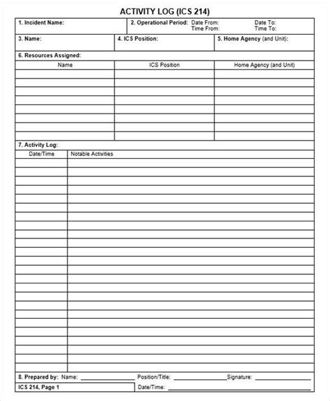 Sample Activity Log Sheet