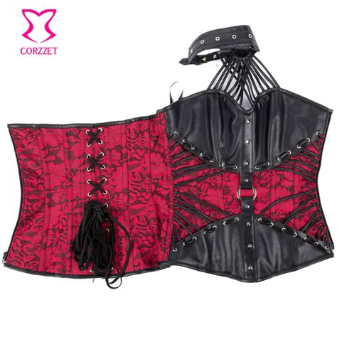 21629 red brocade and black leather strappy halter top sexy corset gothic clothing steampunk