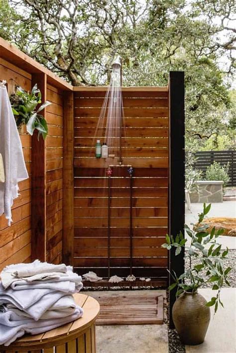 An outdoor shower is even more beneficial to people who have a beach or pool near with an outdoor shower, you can easily rinse off before heading inside or even before hitting the pool. 32 Beautiful & Easy DIY Outdoor Shower Ideas - A Piece of ...