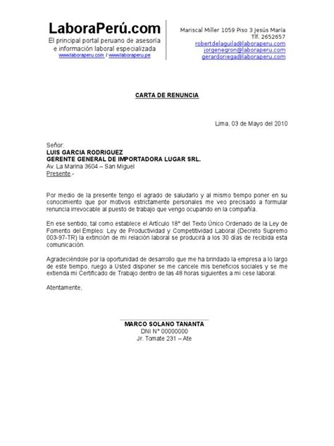 Modelo Carta Renuncia Con Preaviso Perú Gobierno