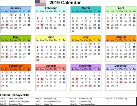 Colorful 2019 Calendar Holidays In United States Usa Calendar