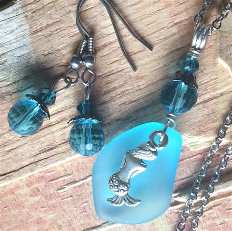 Mermaid Jewelry Aqua Blue Sea Glass Necklace Earring Set Stainless
