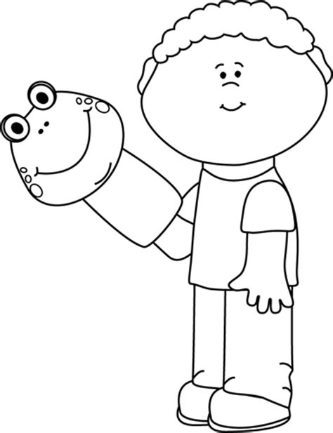 Black And White Little Boy With A Puppet Clip Art Black And White