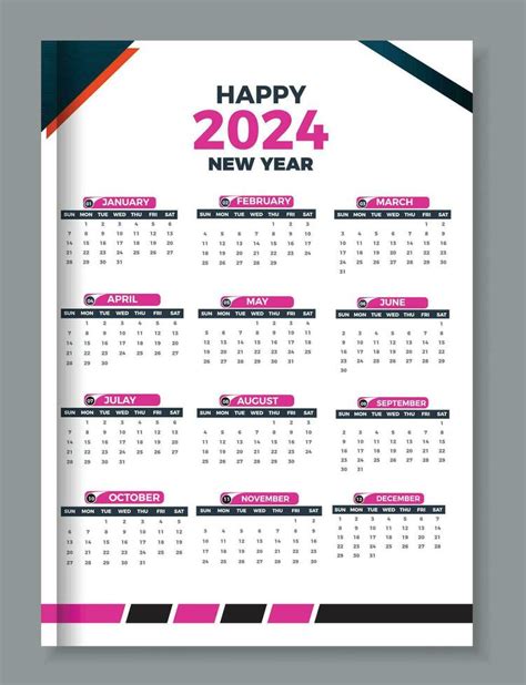 Vector Calendar 2024 Template Design One Page Wall Calendar Design For
