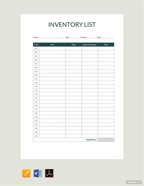 Inventory List Template In Pdf Free Download