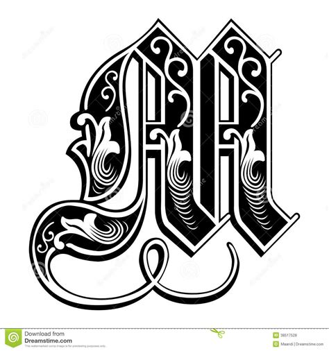 Garnished Gothic Style Font Letter M Vector Illustration