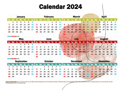 Printable Yearly 2024 Calendar With Holidays Premium Template 2662