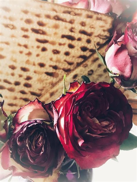 Two Roses Are Sitting In Front Of A Matzoh And Some Flowers On The Table