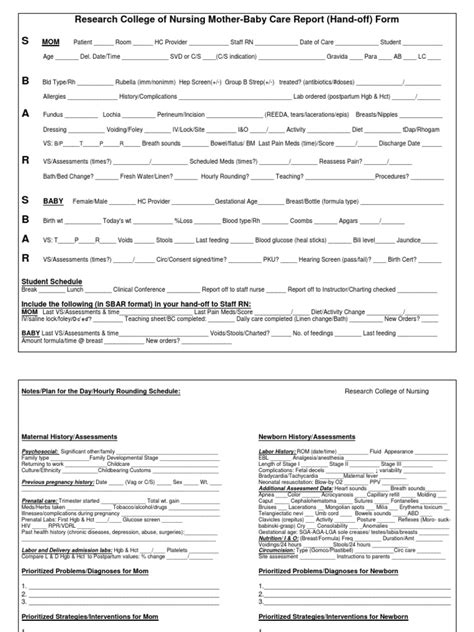 Mother Baby Report Hand Off Sheet And Assessment Tool 110411 Update