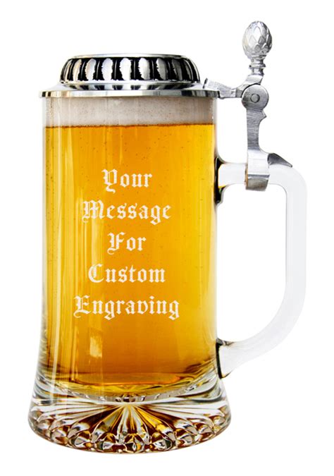 Custom Engraved Glass Beer Stein With Plateau Pewter Lid