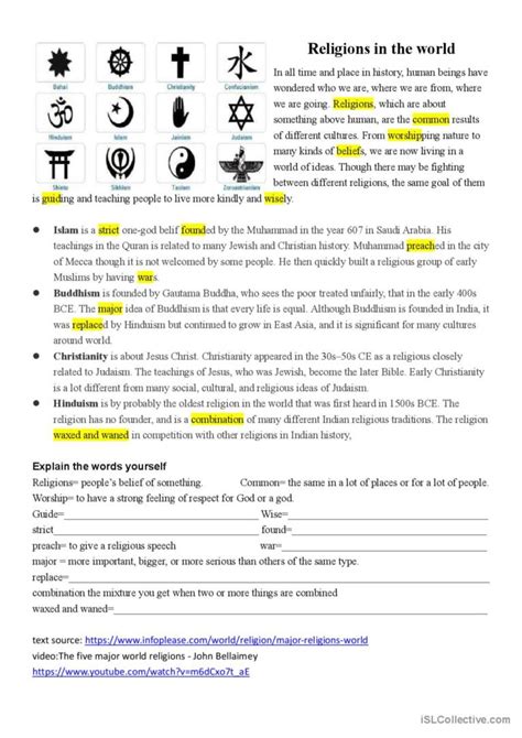 Religions Of The World Reading For D English Esl Worksheets Pdf And Doc