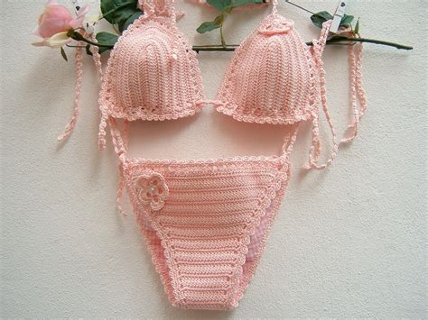 Crochet Bikini Pink Cotton Crochet Swimsuit Triangle Bikini Top Briefs