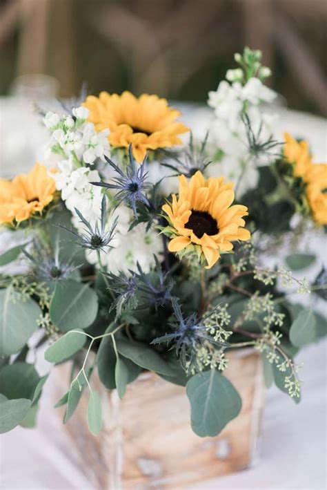Rustic Bride With Eucalyptus Stock Sunflowers And Thistle In A Wooden