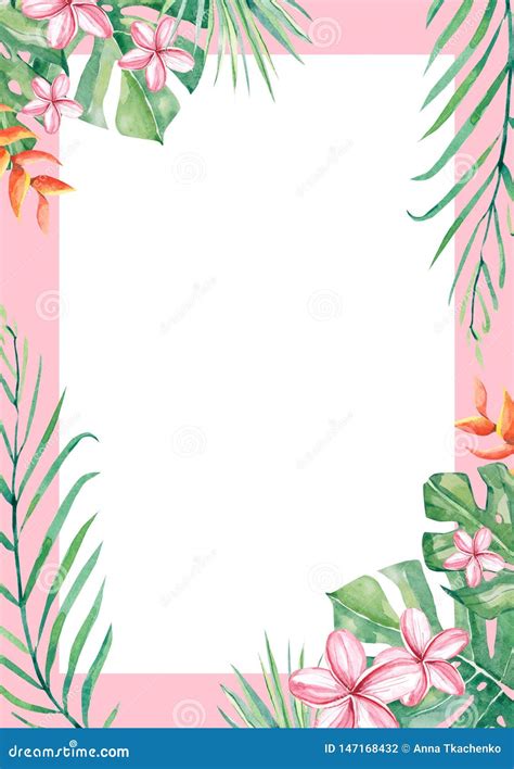 Watercolor Tropical Flower And Leaf Arrangement Border Frame For
