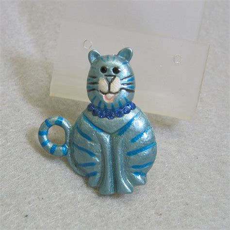Kitty Cat Pin Vintage Blue Metal Happy Cat Brooch By Pandpf Cat