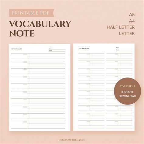 Minimal Vocabulary Note Printable Planner Inserts Vocabulary List