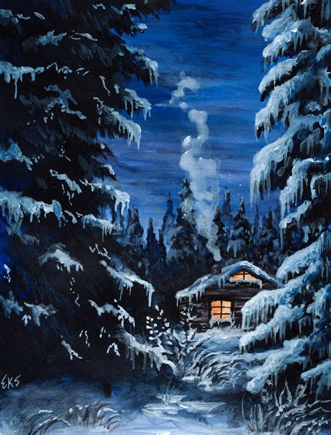 A Painting Of A Cabin In The Woods At Night