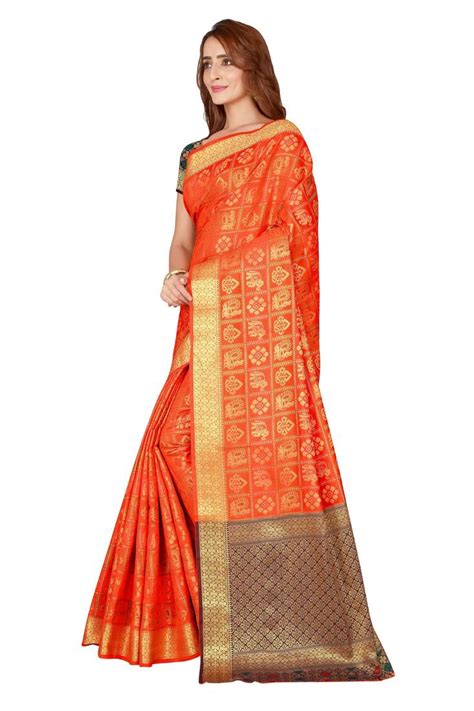 orange woven kanchipuram silk saree with blouse vardan ethnic 3021226