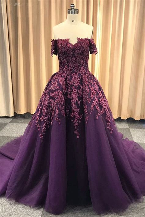 Purple Tulle Off Shoulder Strapless Sweep Train Long Winter Formal Prom Dress On Luulla