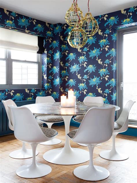 Eclectic Dining Room With Blue Floral Wallpaper Hgtv