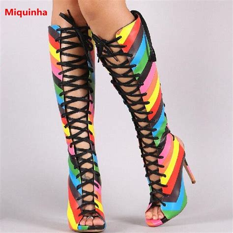 Miquinha Rainbow Peep Toe Cross Tied Lace Up Super High Knee High Women