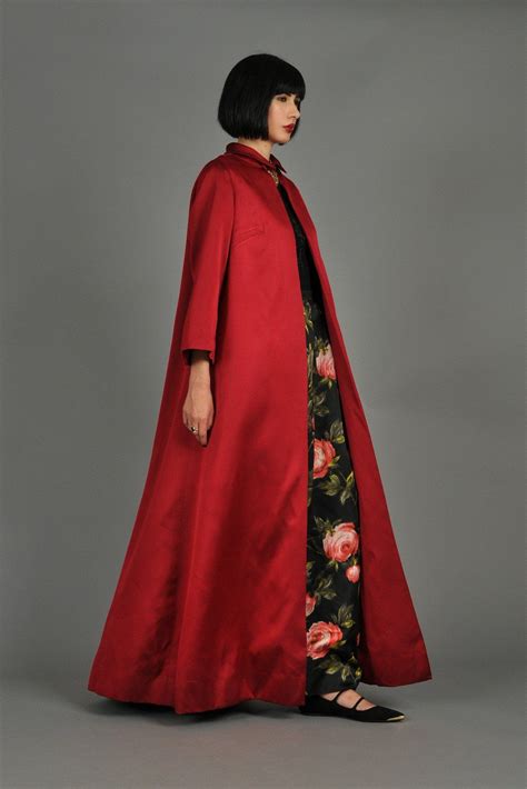 1960s Crimson Silk Full Length Opera Coat Bustown Modern Opera Coat