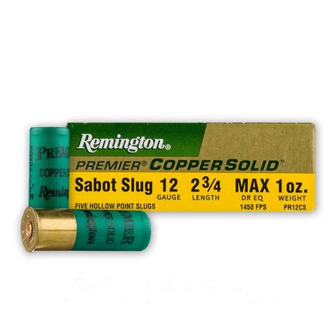 12 Ga Copper Solid Sabot Slug Remington Premier 5 Rounds Ammo