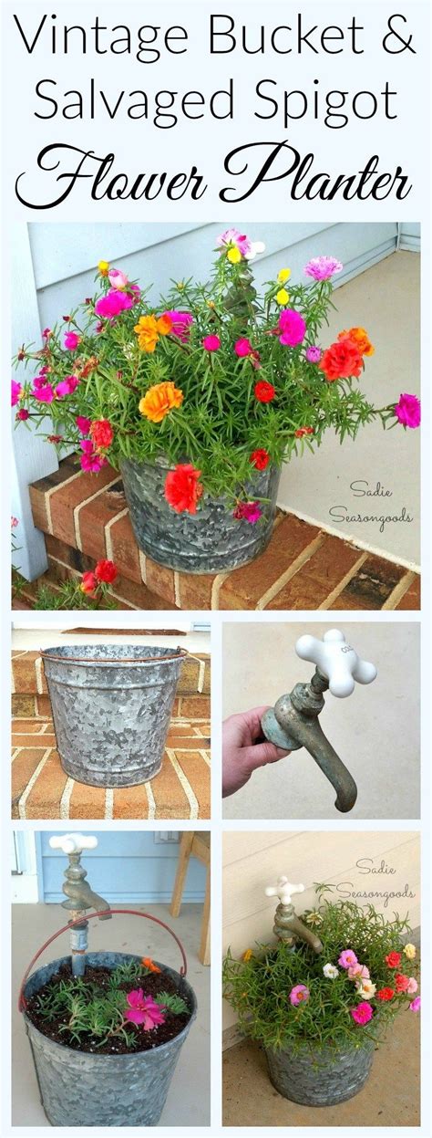 Galvanized Bucket Planter With A Decorative Hose Bibb Flower Planters