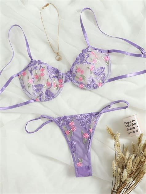 Lilac Purple Romantic Mesh Floral Sexy Sets Embellished Slight Stretch