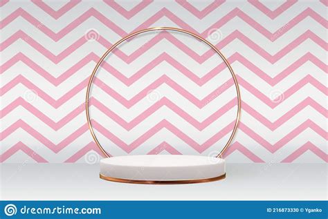 White 3d Pedestal Background With Golden Glass Ring Frame Abd Pink Wave