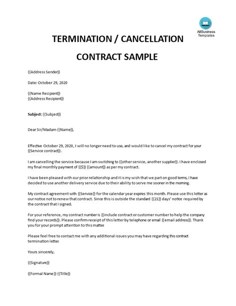Letter Of Termination Of Contract Templates At