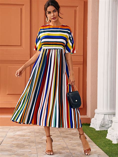 Multi Striped Batwing Sleeve Long Dress Shein Eur Casual Summer Dresses Casual Dresses For