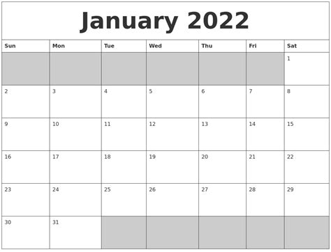 January 2022 Blank Printable Calendar