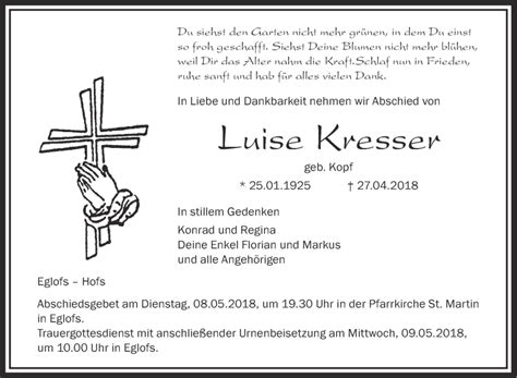 Traueranzeigen Von Luise Kresser Schwaebische De Trauerportal