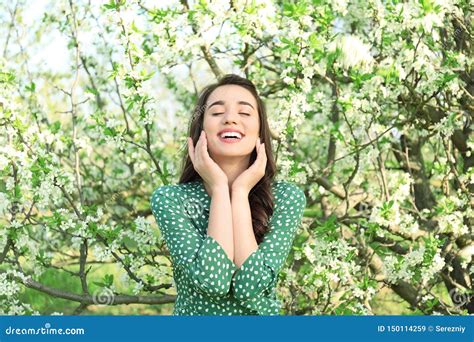 Beautiful Young Woman Near Blossoming Tree On Sunny Spring Day Stock Image Image Of Person
