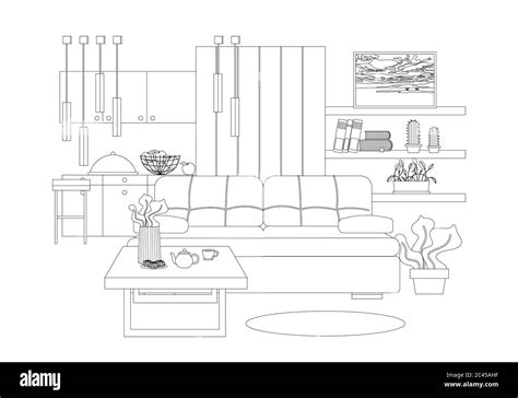 Studio Apartment Interior Vector Illustration In Line Art Style Stock