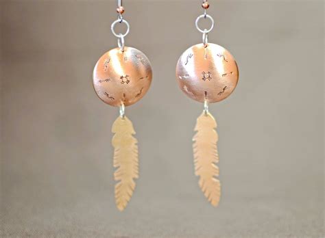 Copper Dangle Earrings And Bronze Feathers Etsy Copper Dangles