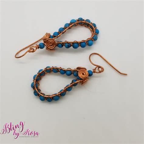 Teardrops Of Turquois Beads Wrapped In Copper Earrings Bling By Rosa