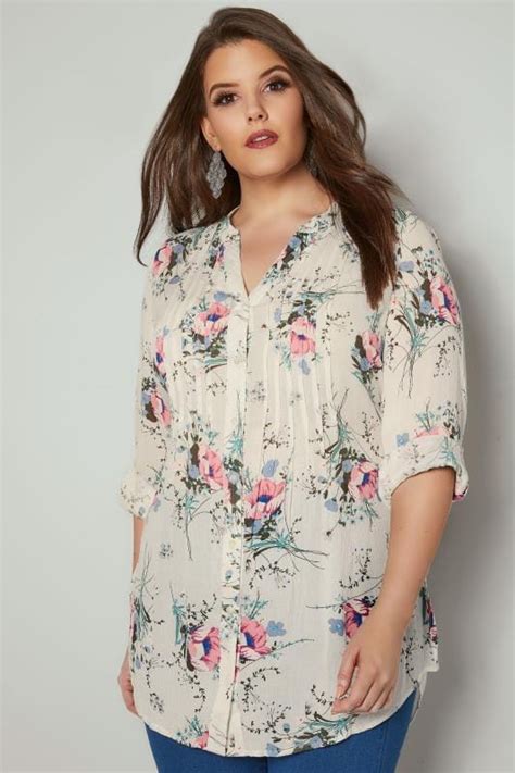 Ivory And Multi Floral Pintuck Longline Blouse With Sequin Detail Plus