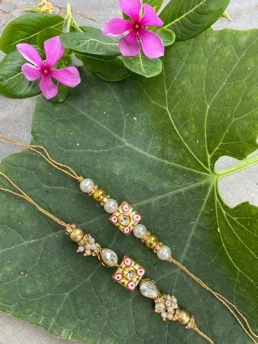 Beads And Thread 8 Inch Golden Kundan Bhaiya Bhabhi Rakhi With Meena