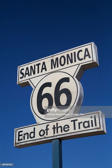 End Of The Trail Route 66 Sign Santa Monica Pier High Res Stock Photo