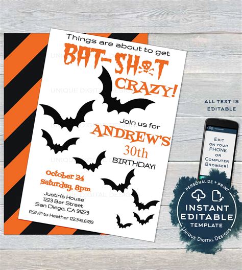 Batshit Crazy Birthday Invitation Editable Halloween Birthday Invite