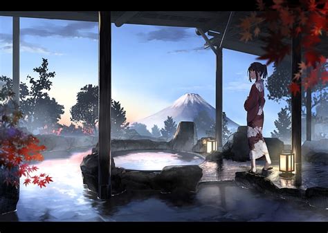 Hd Wallpaper Anime Girl Kimono Japanese Hot Spring Onsen Mountain Wallpaper Flare