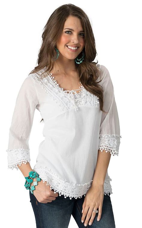 It is quite casual and extremely comfortable to we at fashionaex bring you a wide range of fashionable women's western tops online, which will turn into your wardrobe favourite for sure. Roper Women's White with Crochet V-Neck 3/4 Sleeve Top ...