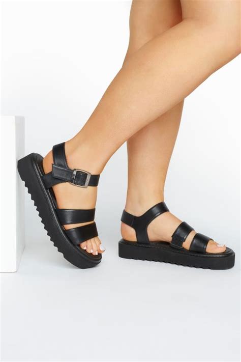 Limited Collection Black Stud Buckle Sandal In Extra Wide Fit Long